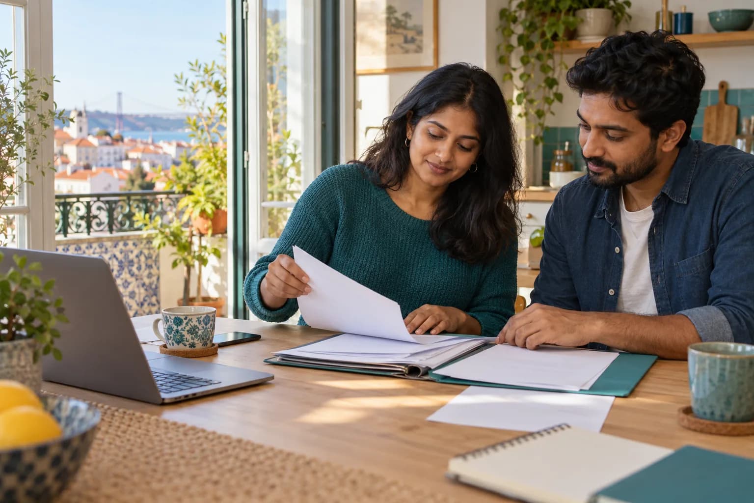 Two people reviewing paperwork at a sunlit table in Portugal
