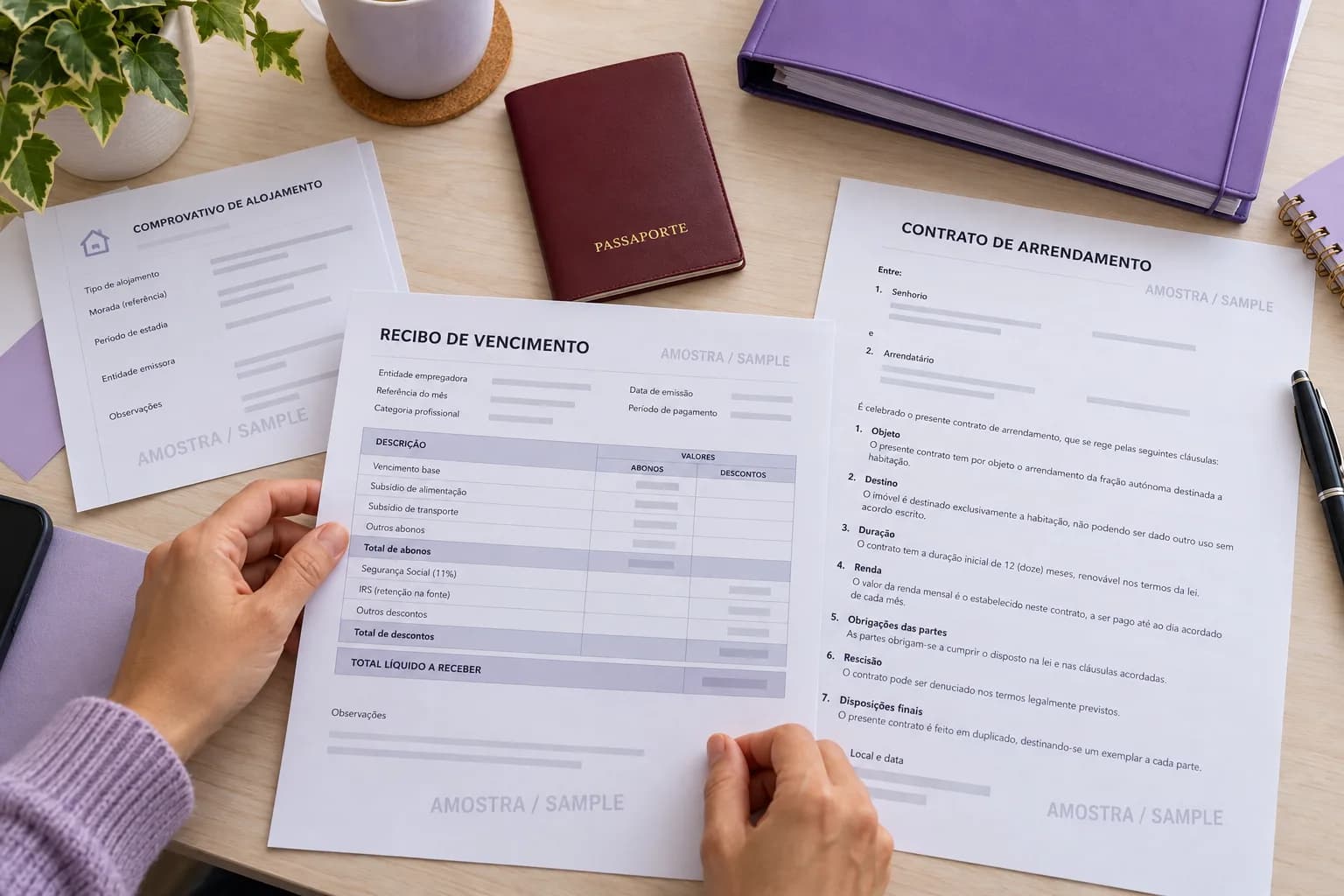 Illustrative sample payslip, passport prop, tenancy contract and accommodation sheet beside a purple folder